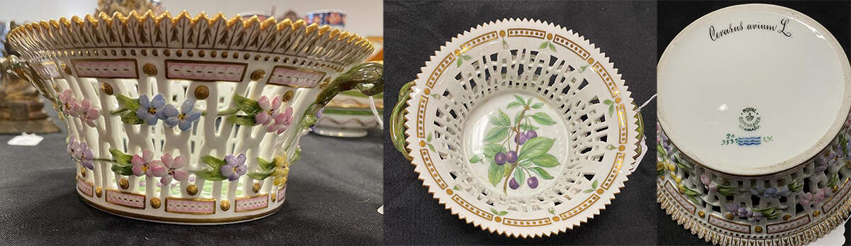Flora Danica (1790 To 1960) 7" Round Fruit Basket-Cerasus Avium L. by Royal Copenhagen-1