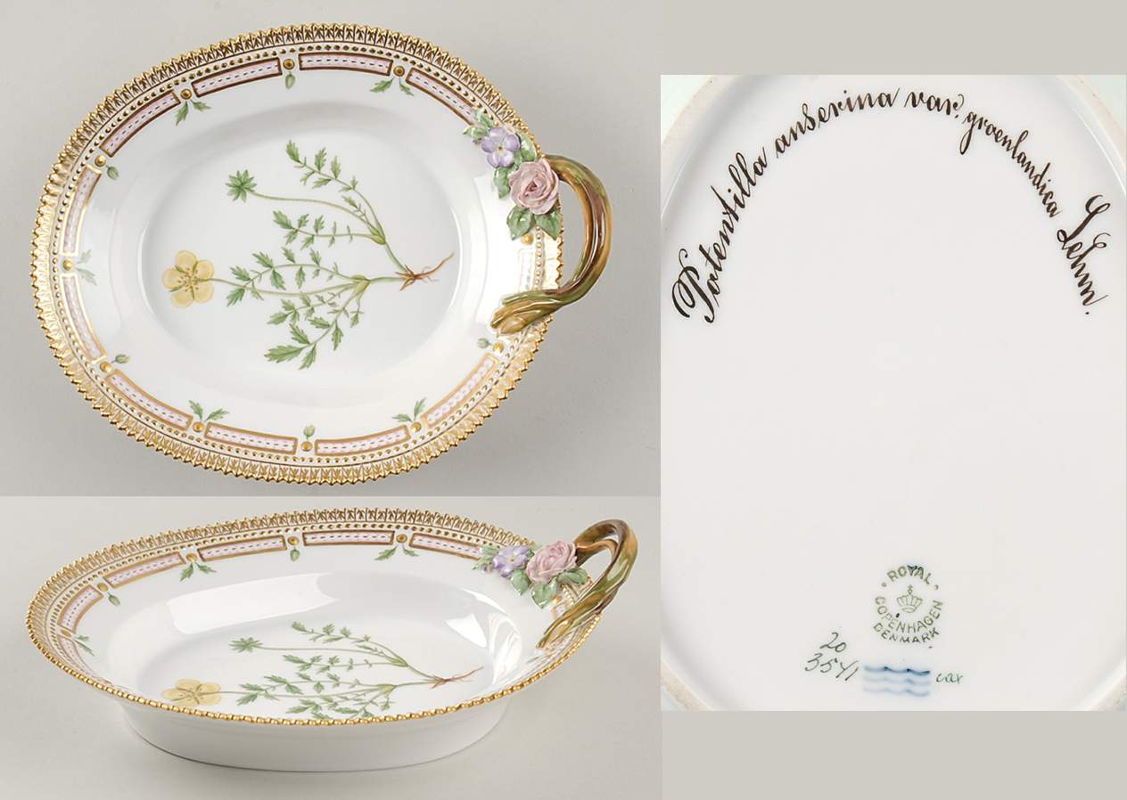 Flora Danica (1790 To 1960) 9" Oval Handled Pickle/Accent-Potentilla anserina by Royal Copenhagen-1