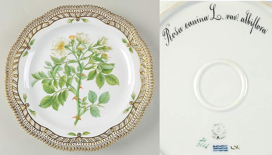 Flora Danica (1790 To 1960) 10" Round Pierced Platter-Rosa Canina L. var albif by Royal Copenhagen-1