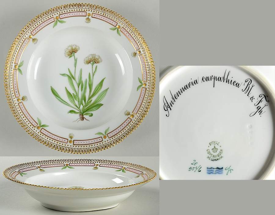 Flora Danica (1790 To 1960) Rim Soup Bowl-Antennaria carpathica RI & Fgh. by Royal Copenhagen-1