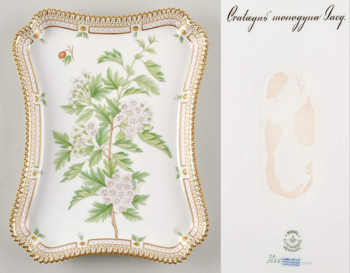 Flora Danica (1790 To 1960) 11" Rectangular Tray-Crataegus monogyna Jacq by Royal Copenhagen-1