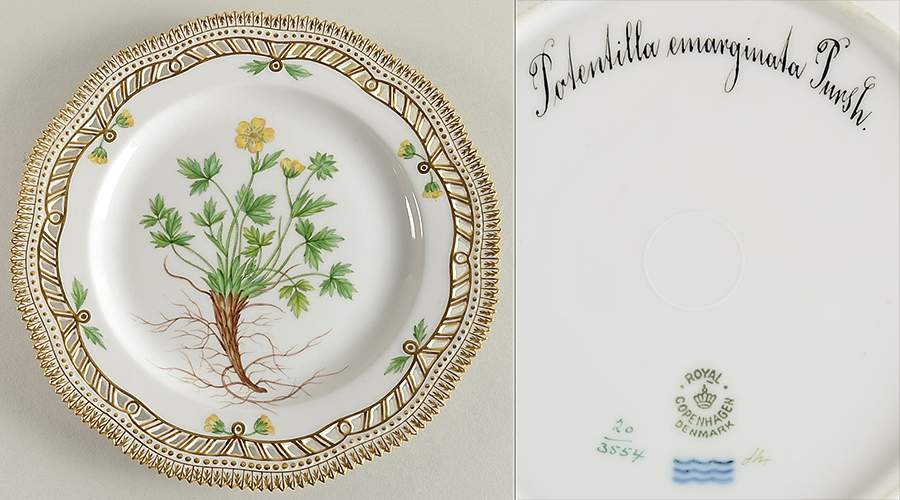 Flora Danica (1790 To 1960) 9" Pierced Luncheon Plate/Fruit Std-Potentilla ema by Royal Copenhagen-1
