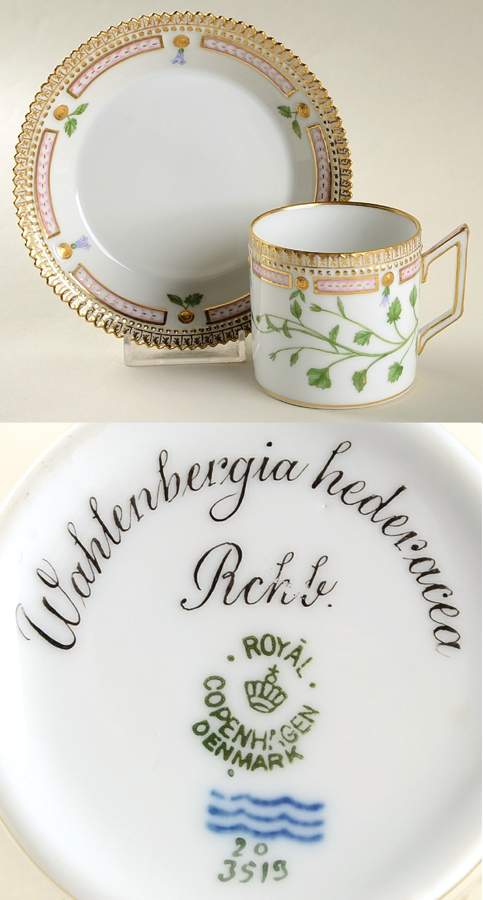 Flora Danica (1790 To 1960) Chocolate Cup & Serrated Saucer-Wahlenbergia heder by Royal Copenhagen-1