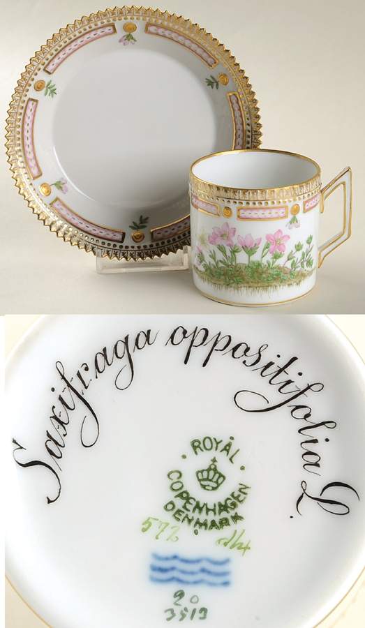 Flora Danica (1790 To 1960) Chocolate Cup & Serrated Saucer-Saxifraga oppositi by Royal Copenhagen-1
