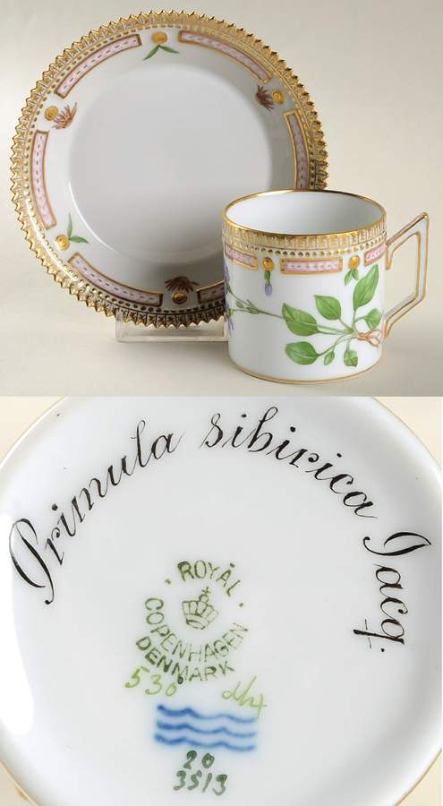 Flora Danica (1790 To 1960) Chocolate Cup & Serrated Saucer-Primula sibirica L by Royal Copenhagen-1