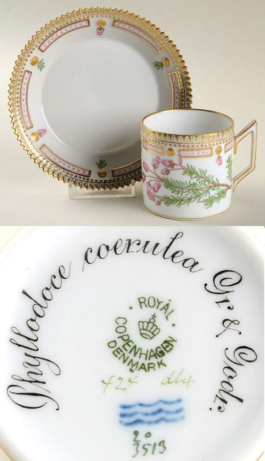Flora Danica (1790 To 1960) Chocolate Cup & Serrated Saucer-Phyllodoce coerule by Royal Copenhagen-1