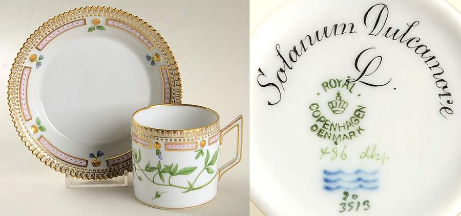 Flora Danica (1790 To 1960) Chocolate Cup & Serrated Saucer-Solanun dulcamore by Royal Copenhagen-1