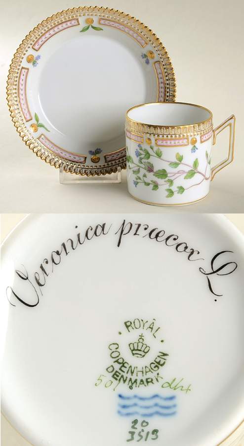 Flora Danica (1790 To 1960) Chocolate Cup & Serrated Saucer-Veronica prucor L. by Royal Copenhagen-1