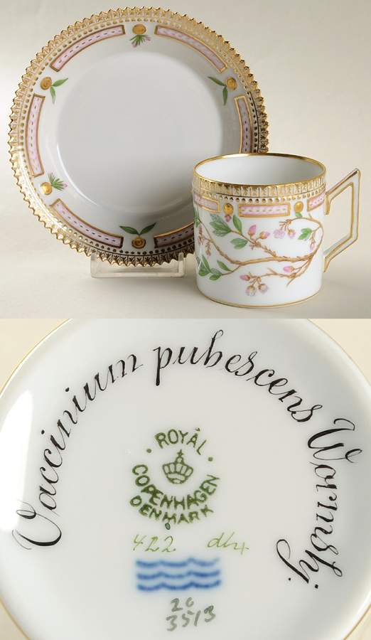 Flora Danica (1790 To 1960) Chocolate Cup & Serrated Saucer-Vaccinium pubescen by Royal Copenhagen-1