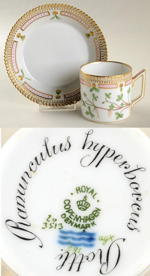 Flora Danica (1790 To 1960) Serrated Chocolate Cup & Saucer-Ranunculus hyperbo by Royal Copenhagen-1