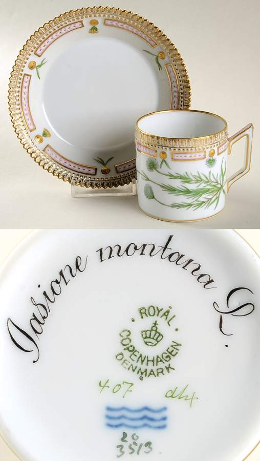 Flora Danica (1790 To 1960) Chocolate Cup & Serrated Saucer-Jasione montana L. by Royal Copenhagen-1