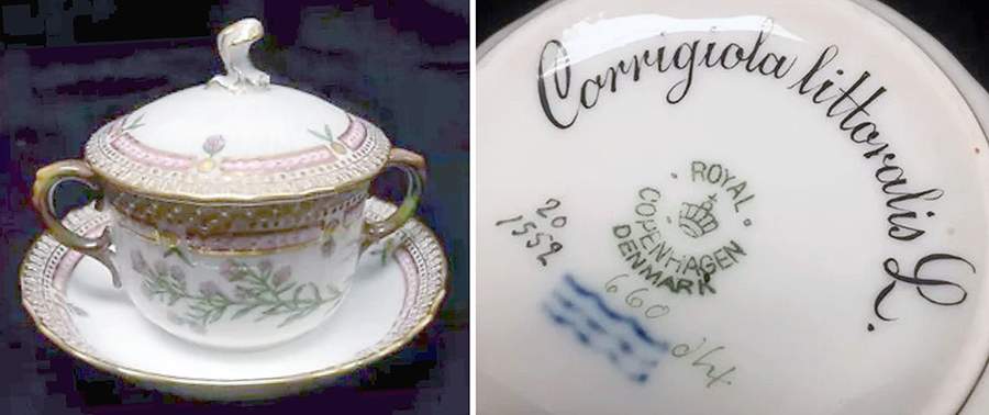 Flora Danica (1790 To 1960) Flat Bouillon Cup & Sacuer w/Lid-Corrigiola littor by Royal Copenhagen-1