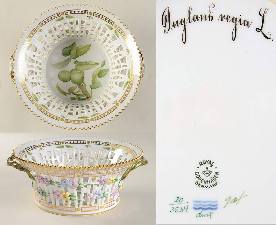 Flora Danica (1790 To 1960) 8" Round Fruit Basket-Juglans regia L by Royal Copenhagen-1