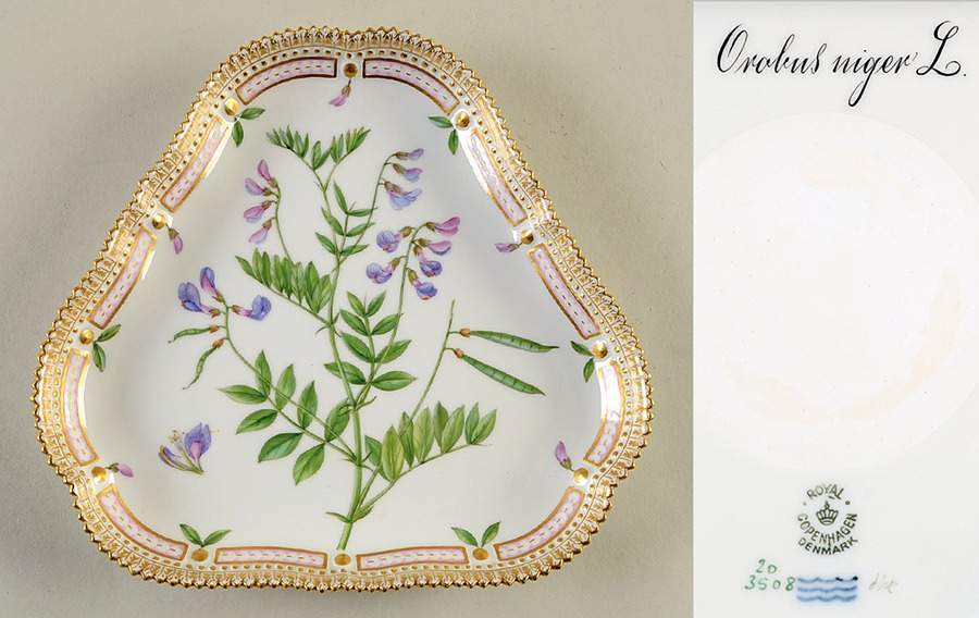 Flora Danica (1790 To 1960) 9" Triangular Cake Plate-Orobus niger L. by Royal Copenhagen-1
