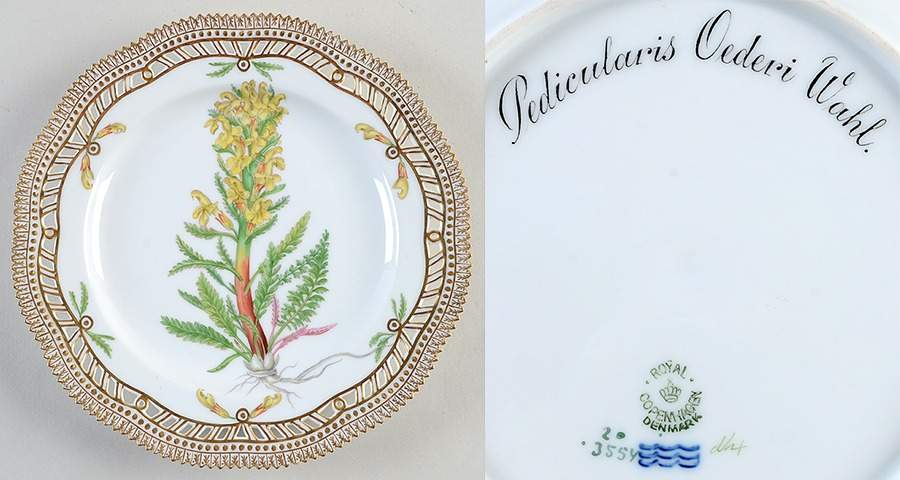 Flora Danica (1790 To 1960) 9" Pierced Luncheon Plate/Fruit Std-Pedicularis fl by Royal Copenhagen-1
