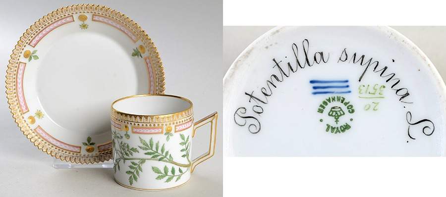 Flora Danica (1790 To 1960) Chocolate Cup & Serrated Saucer-Potentilla supina by Royal Copenhagen-1