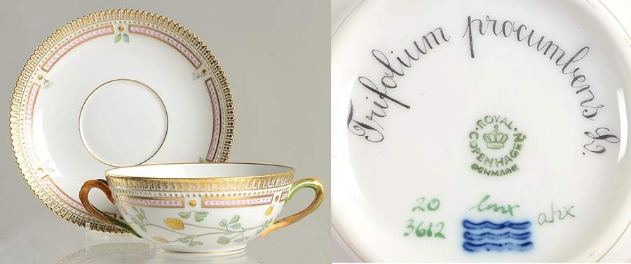 Flora Danica (1790 To 1960) Flat Cream Soup & Saucer-Trifolium procumbens L by Royal Copenhagen-1