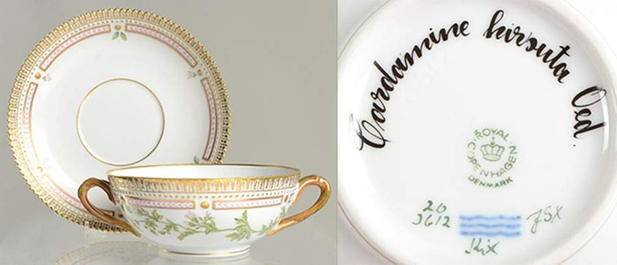 Flora Danica (1790 To 1960) Flat Cream Soup & Saucer-Gardamine Hirsuta by Royal Copenhagen-1
