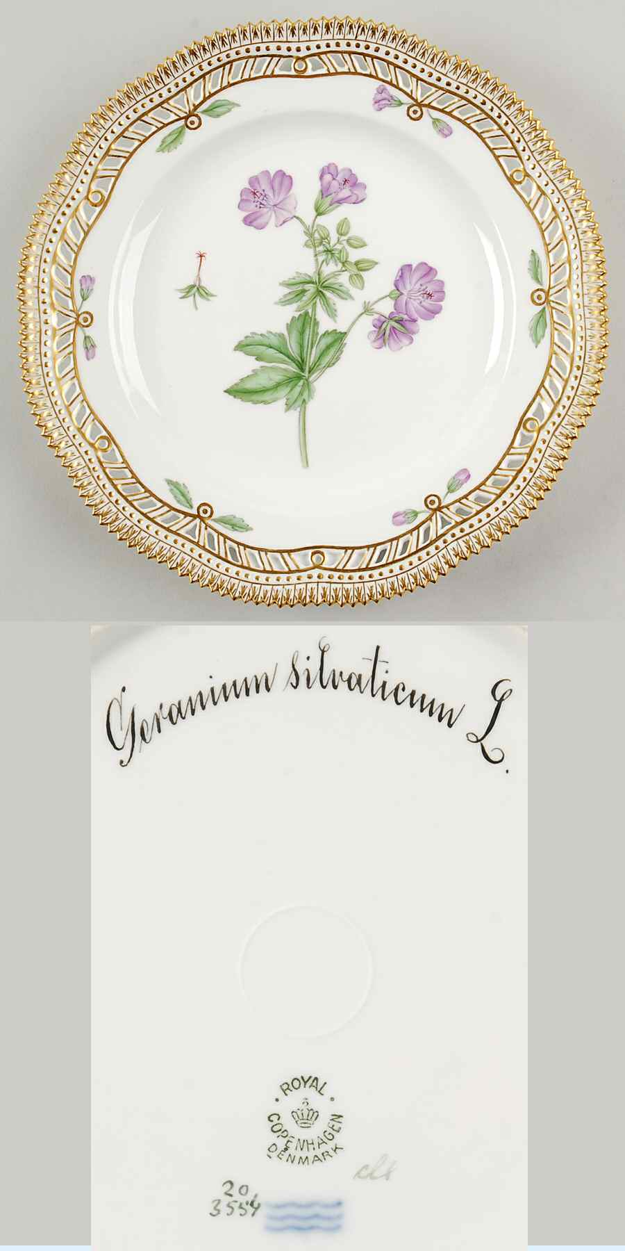 Flora Danica (1790 To 1960) 9" Pierced Luncheon Plate/Fruit Std-Geranium silva by Royal Copenhagen-1