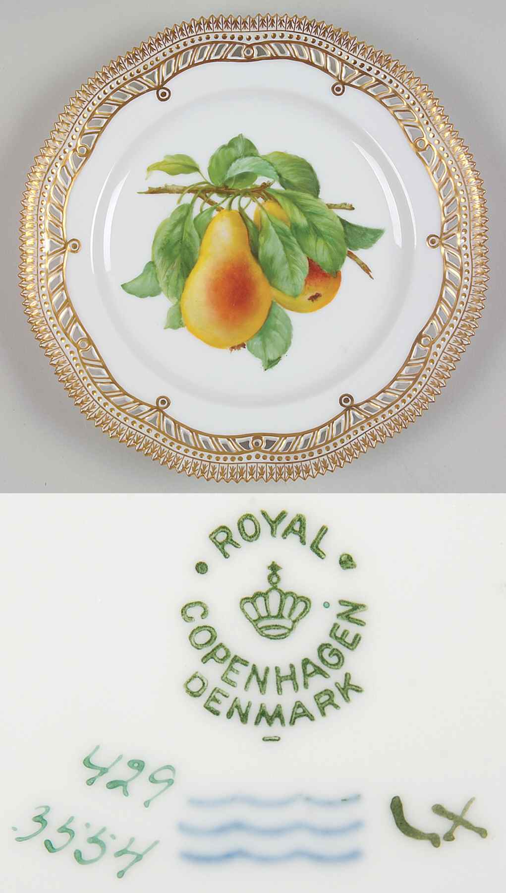 Flora Danica (1790 To 1960) 9" Pierced Luncheon Plate/Fruit Stand-Pears (2) by Royal Copenhagen-1