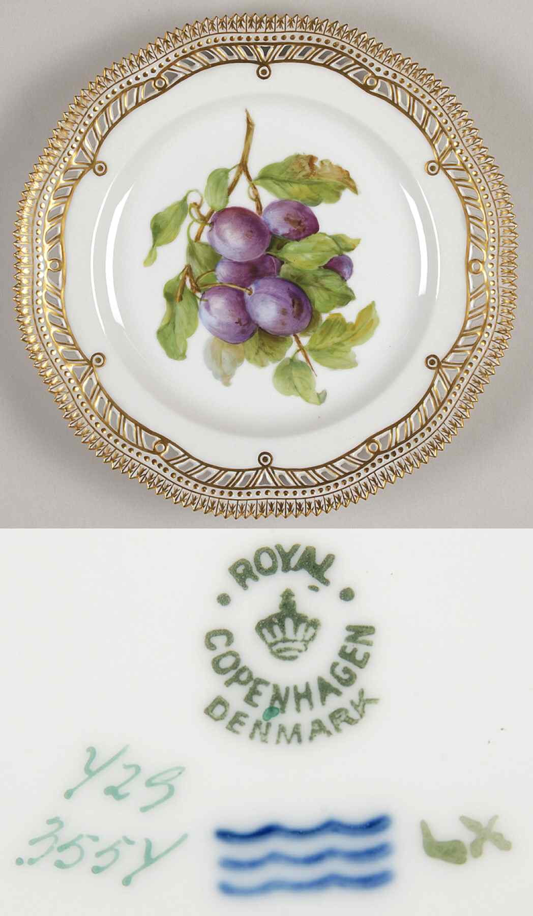 Flora Danica (1790 To 1960) 9" Pierced Luncheon Plate/Fruit Stand-Plums (6) by Royal Copenhagen-1