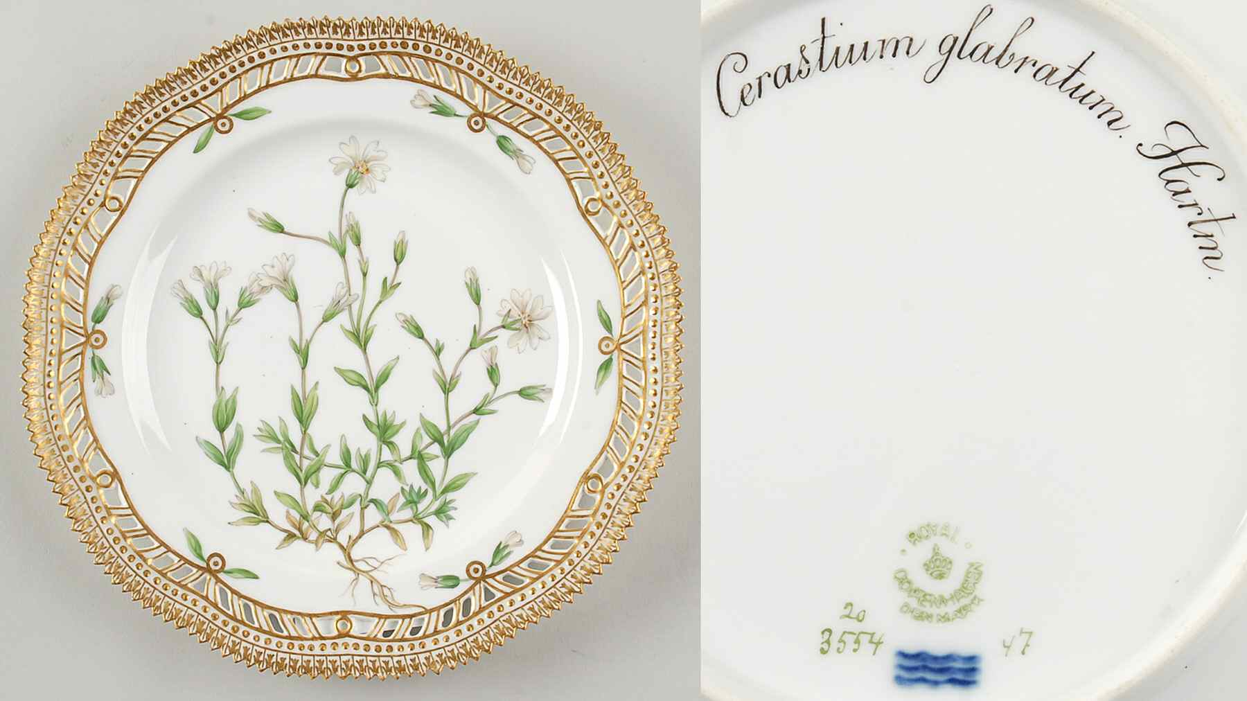 Flora Danica (1790 To 1960) 9" Pierced Luncheon Plate/Fruit Std-Cerastium Glab by Royal Copenhagen-1