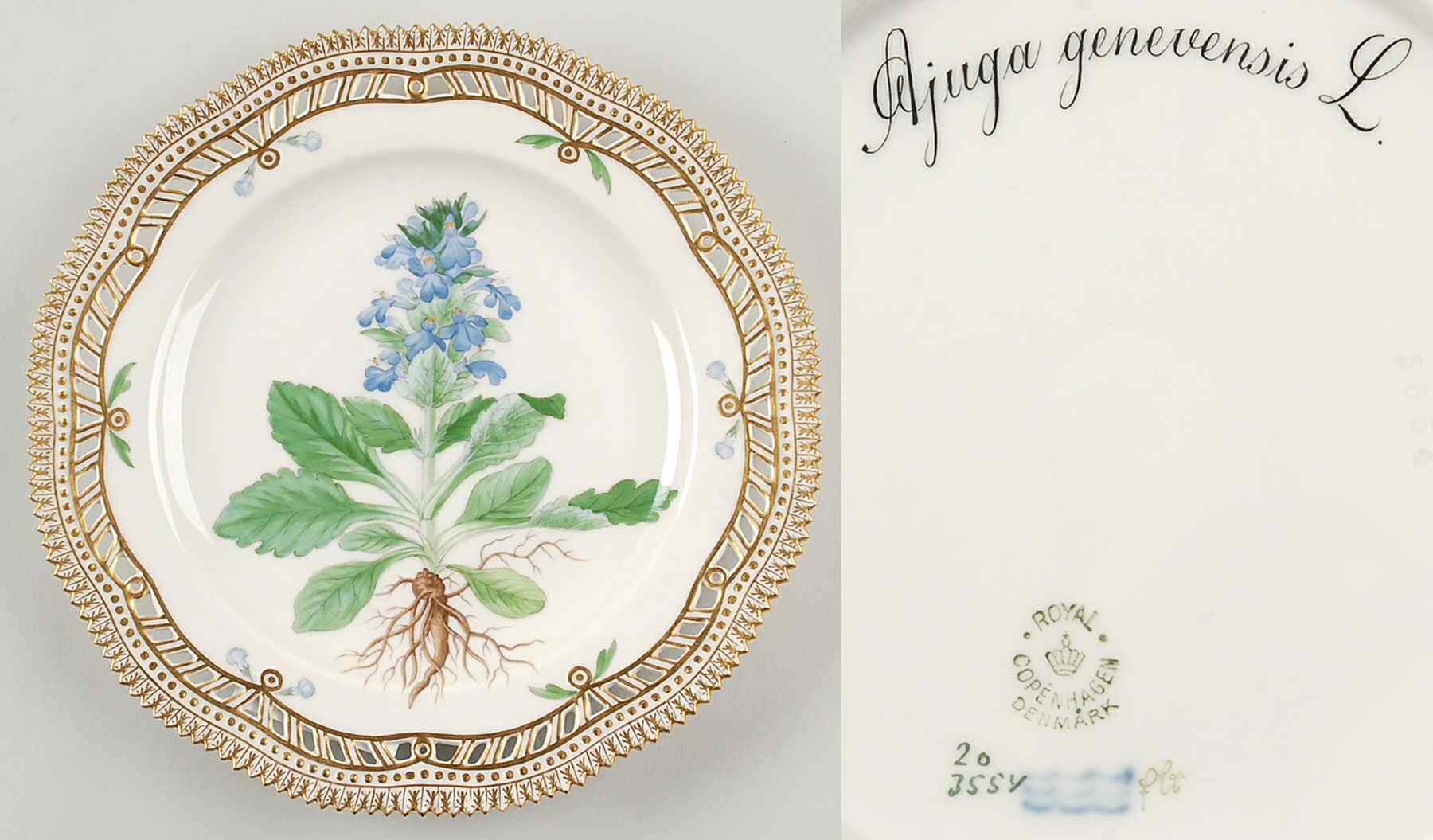 Flora Danica (1790 To 1960) 9" Pierced Luncheon Plate/Fruit Std-Ajuga genevens by Royal Copenhagen-1