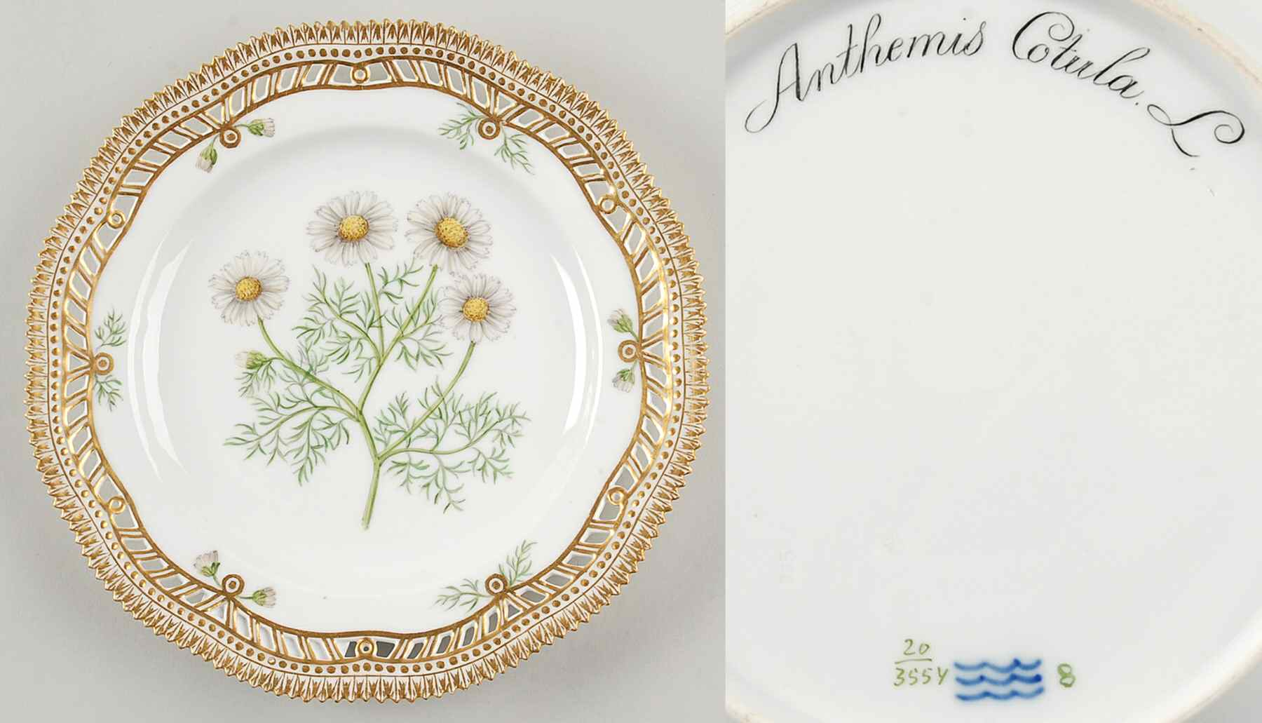 Flora Danica (1790 To 1960) 9" Pierced Luncheon Plate/Fruit Std-Anthemis Cotu by Royal Copenhagen-1