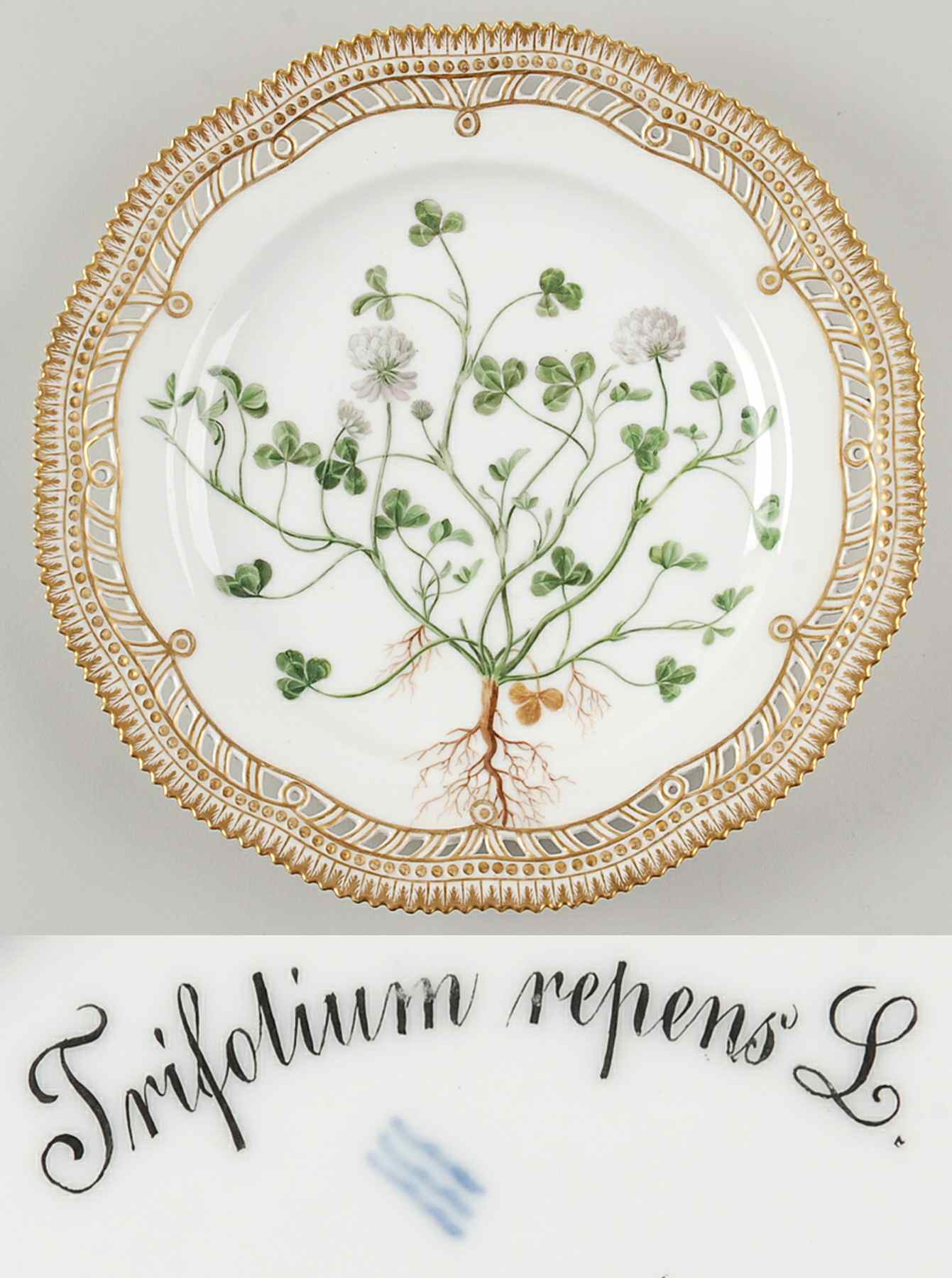 Flora Danica (1790 To 1960) 10" Pierced Dinner Plate/Fruit Std-Trifolium repen by Royal Copenhagen-1