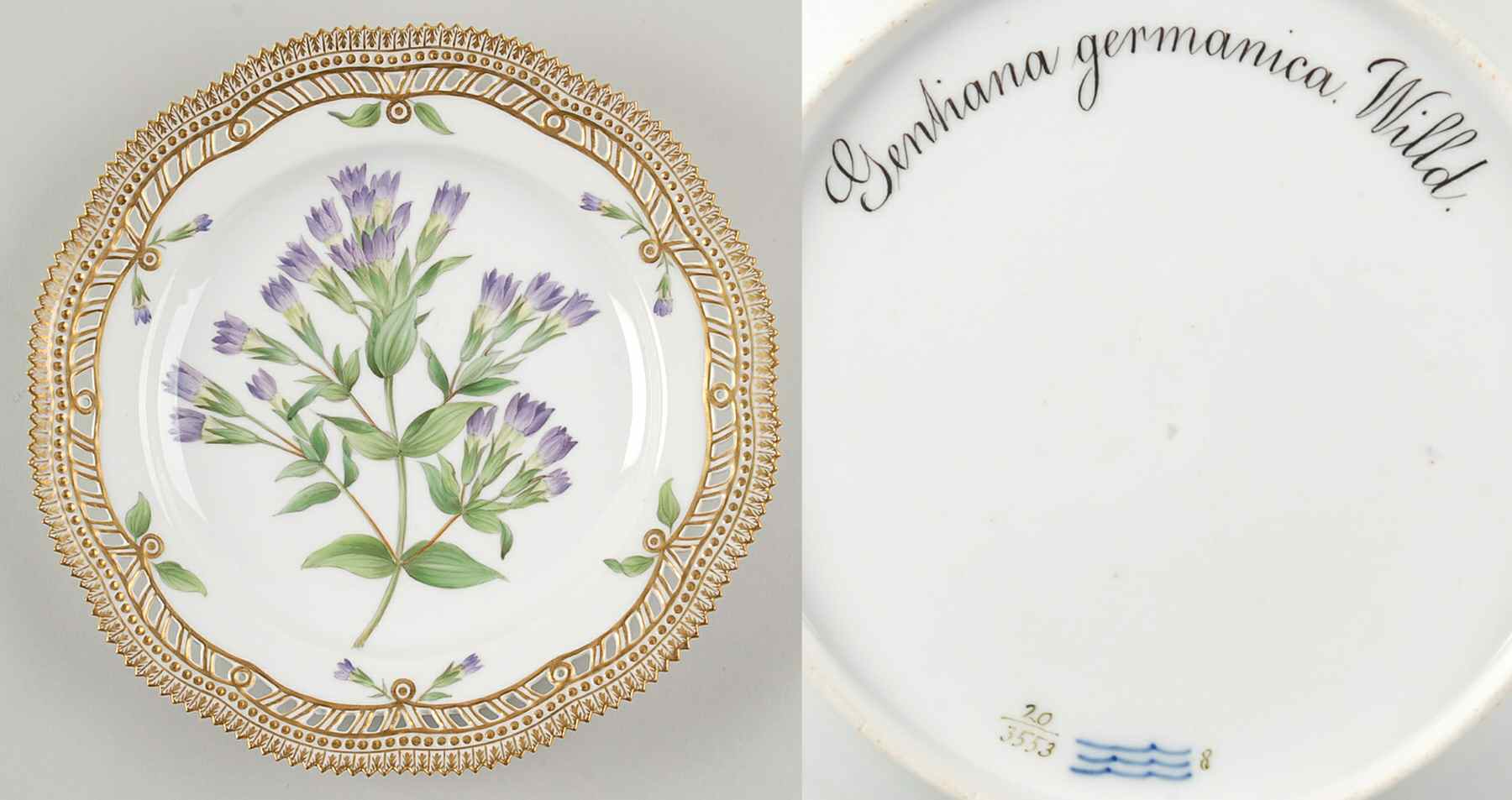 Flora Danica (1790 To 1960) 10" Pierced Dinner Plate/Fruit Std-Gentiana german by Royal Copenhagen-1
