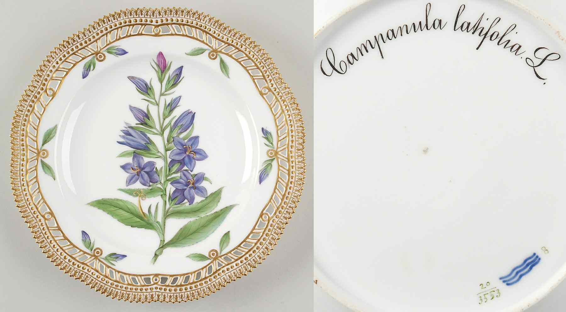 Flora Danica (1790 To 1960) 10" Pierced Dinner Plate/Fruit Std-Campanula latif by Royal Copenhagen-1