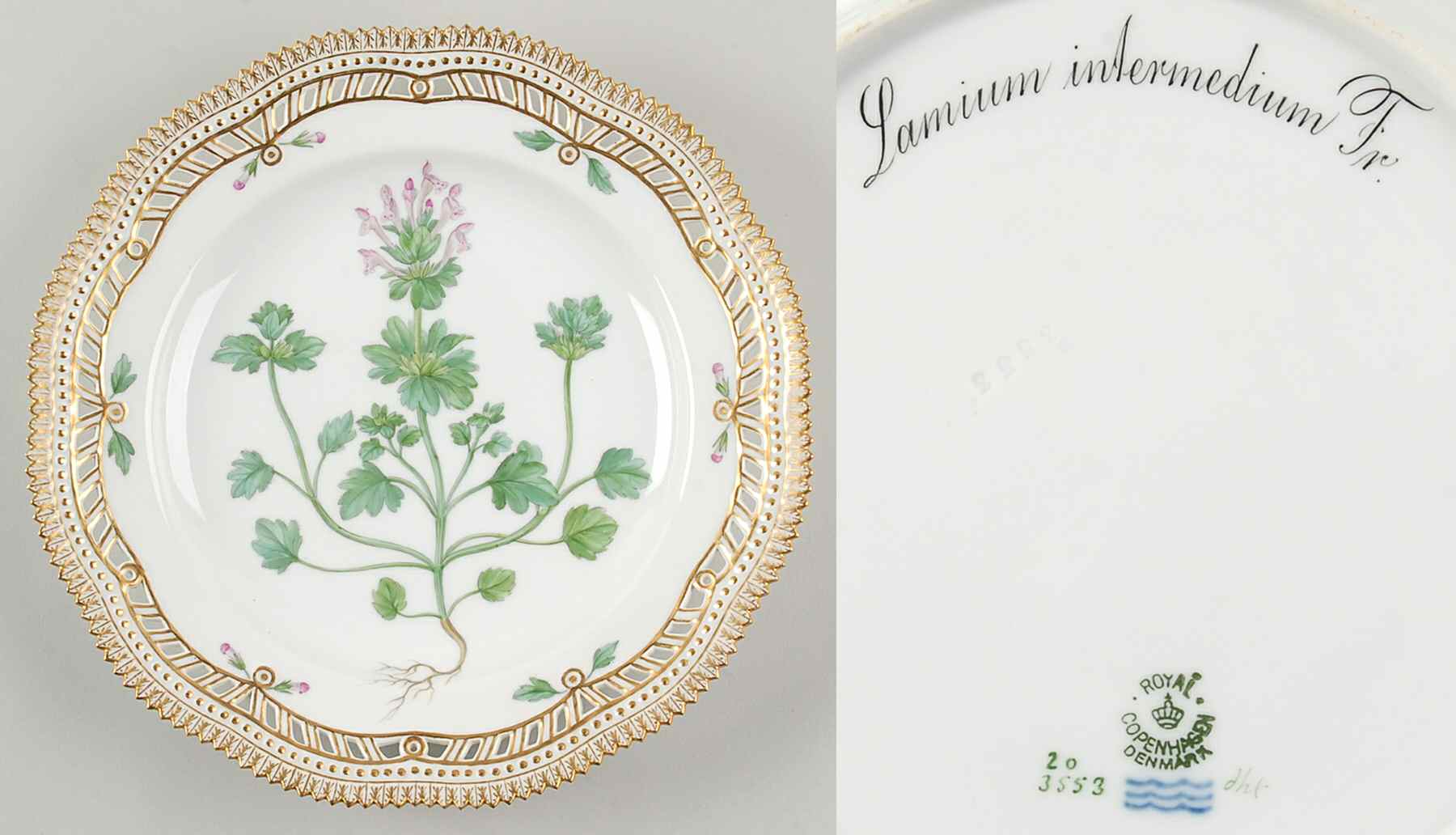 Flora Danica (1790 To 1960) 10" Pierced Dinner Plate/Fruit Std-Lamium intermed by Royal Copenhagen-1