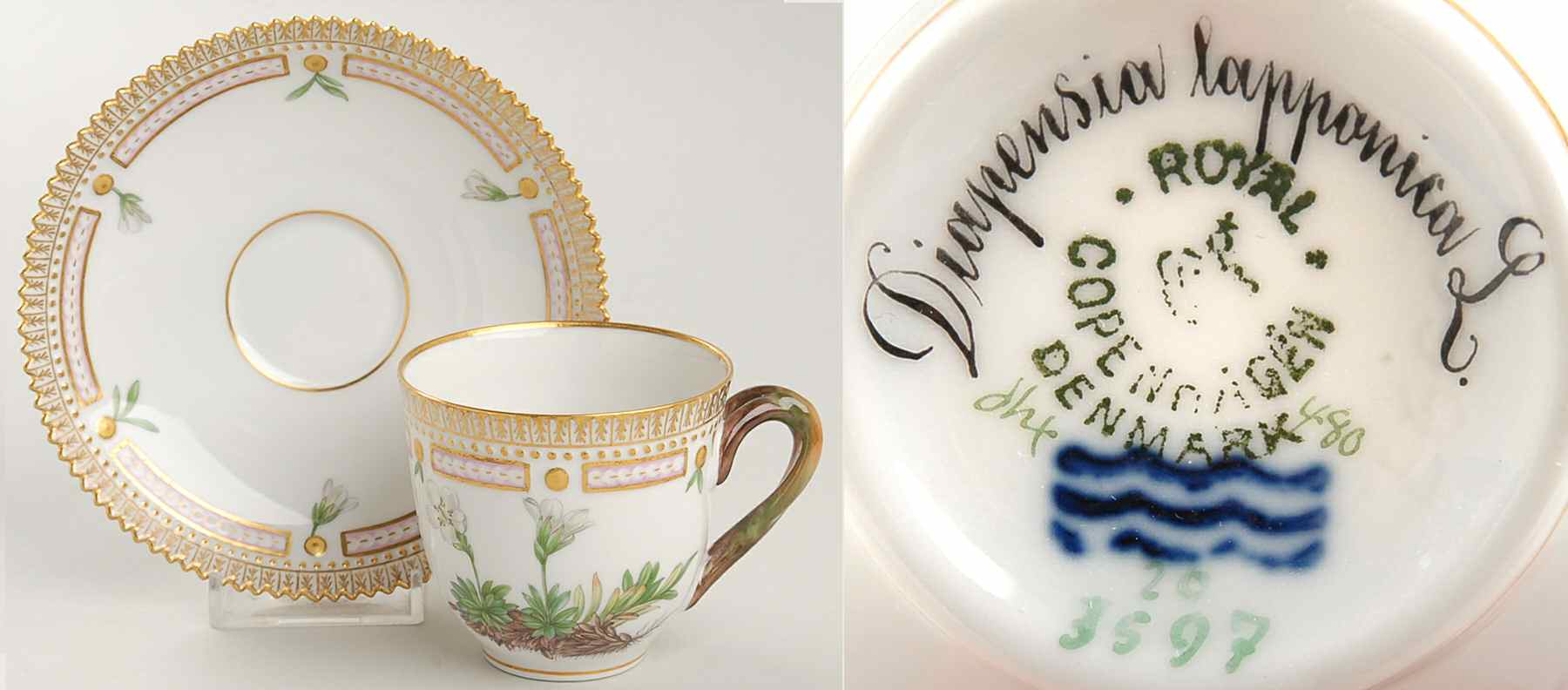 Flora Danica (1790 To 1960) Flat Cup & Saucer Set-Diapensia lapponica L by Royal Copenhagen-1