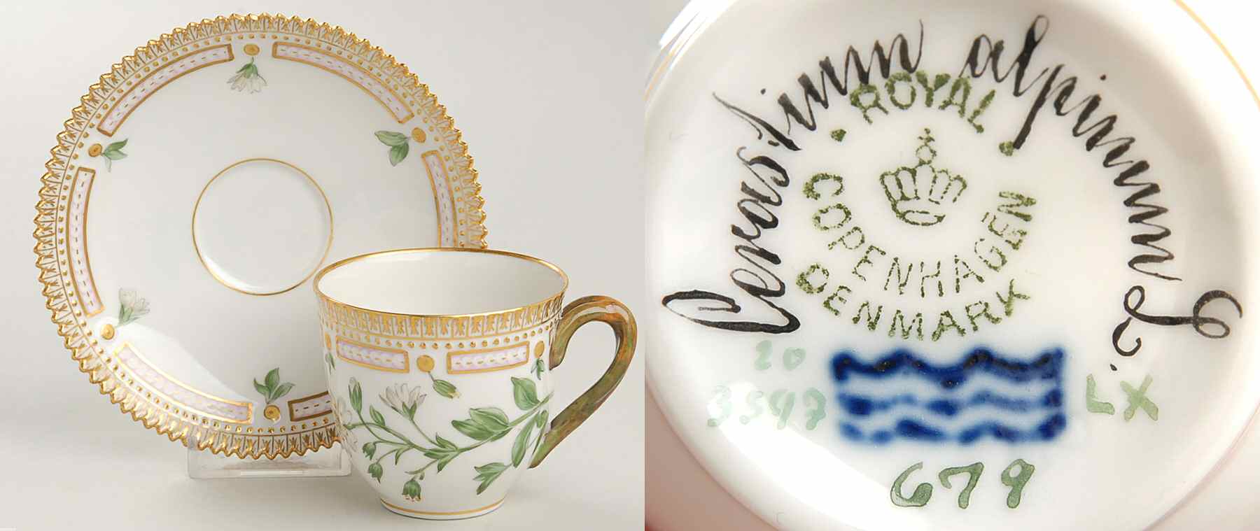 Flora Danica (1790 To 1960) Flat Cup & Saucer Set-Cerastium alpinum L by Royal Copenhagen-1