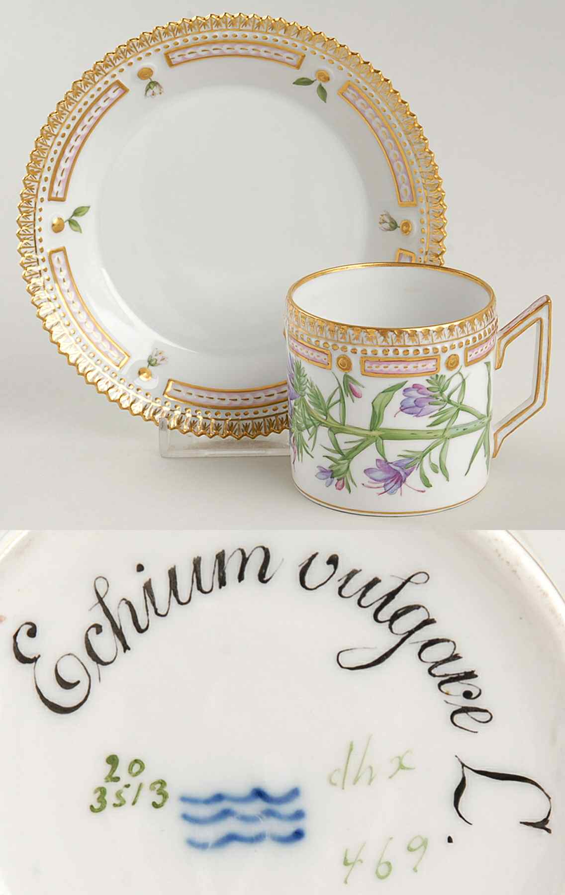 Flora Danica (1790 To 1960) Chocolate Cup & Serrated Saucer-Echium vulgare L by Royal Copenhagen-1