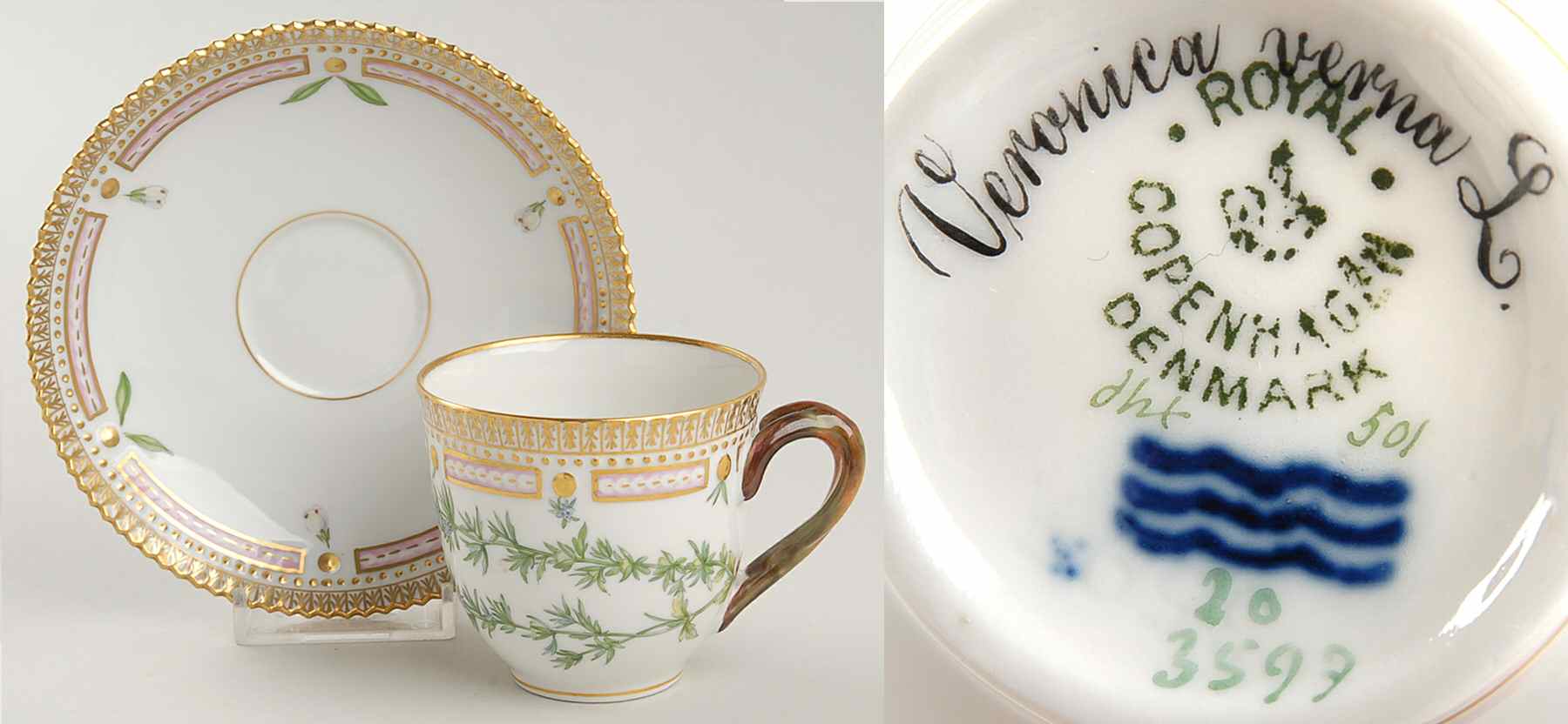 Flora Danica (1790 To 1960) Flat Cup & Saucer Set-Veronica verna L by Royal Copenhagen-1