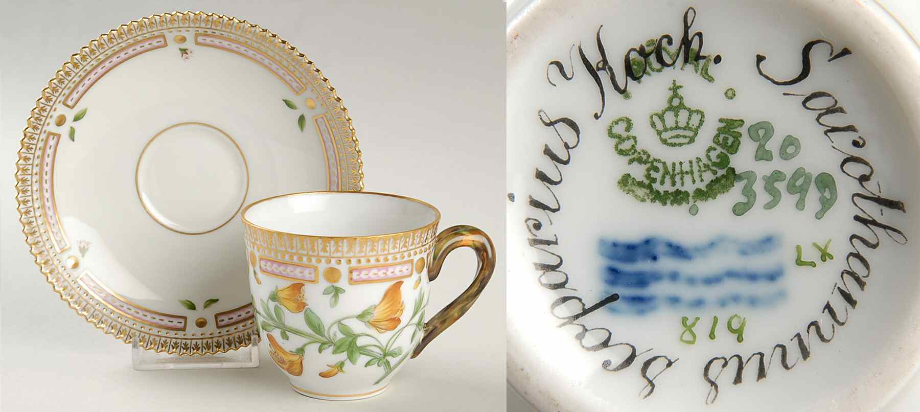 Flora Danica (1790 To 1960) Flat Cup & Saucer Set-Sarothamnus scoparius Koch by Royal Copenhagen-1