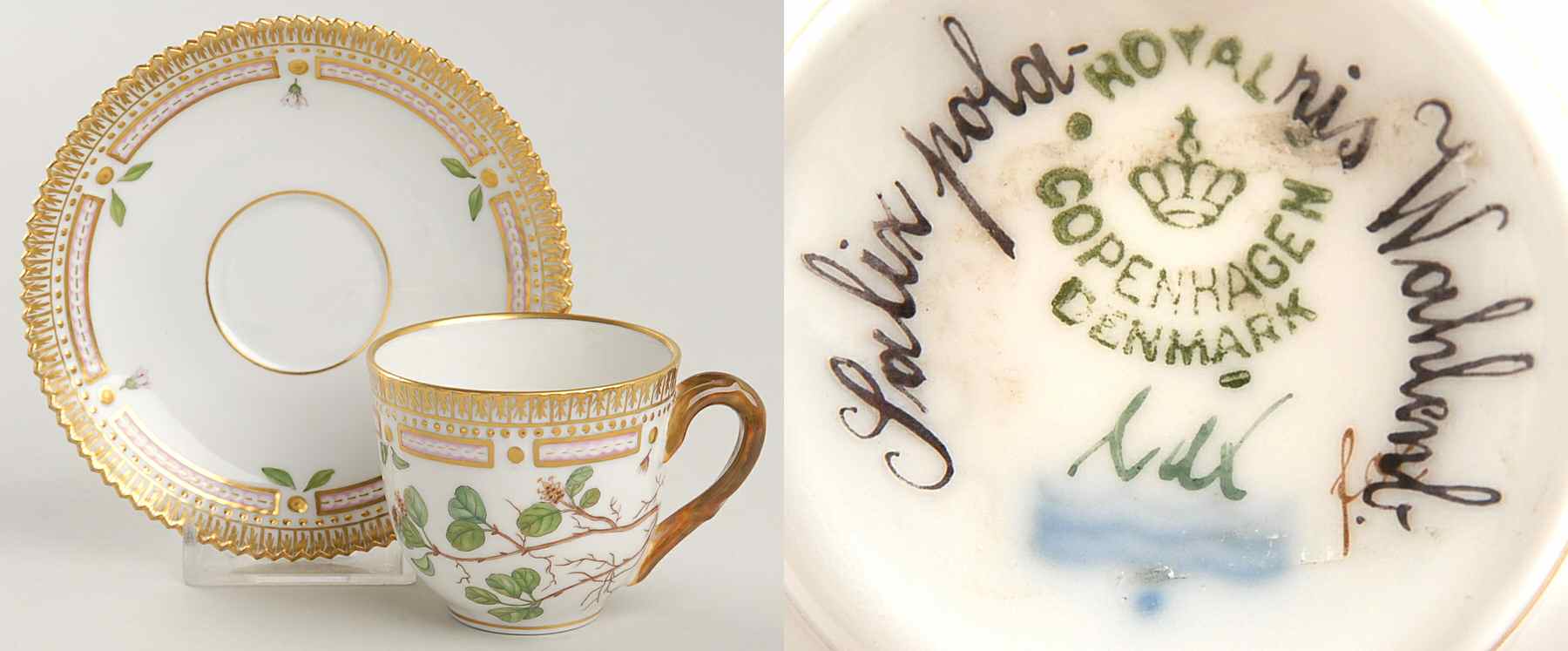 Flora Danica (1790 To 1960) Flat Demitasse Cup & Saucer-Salix polaris Wahlenb by Royal Copenhagen-1