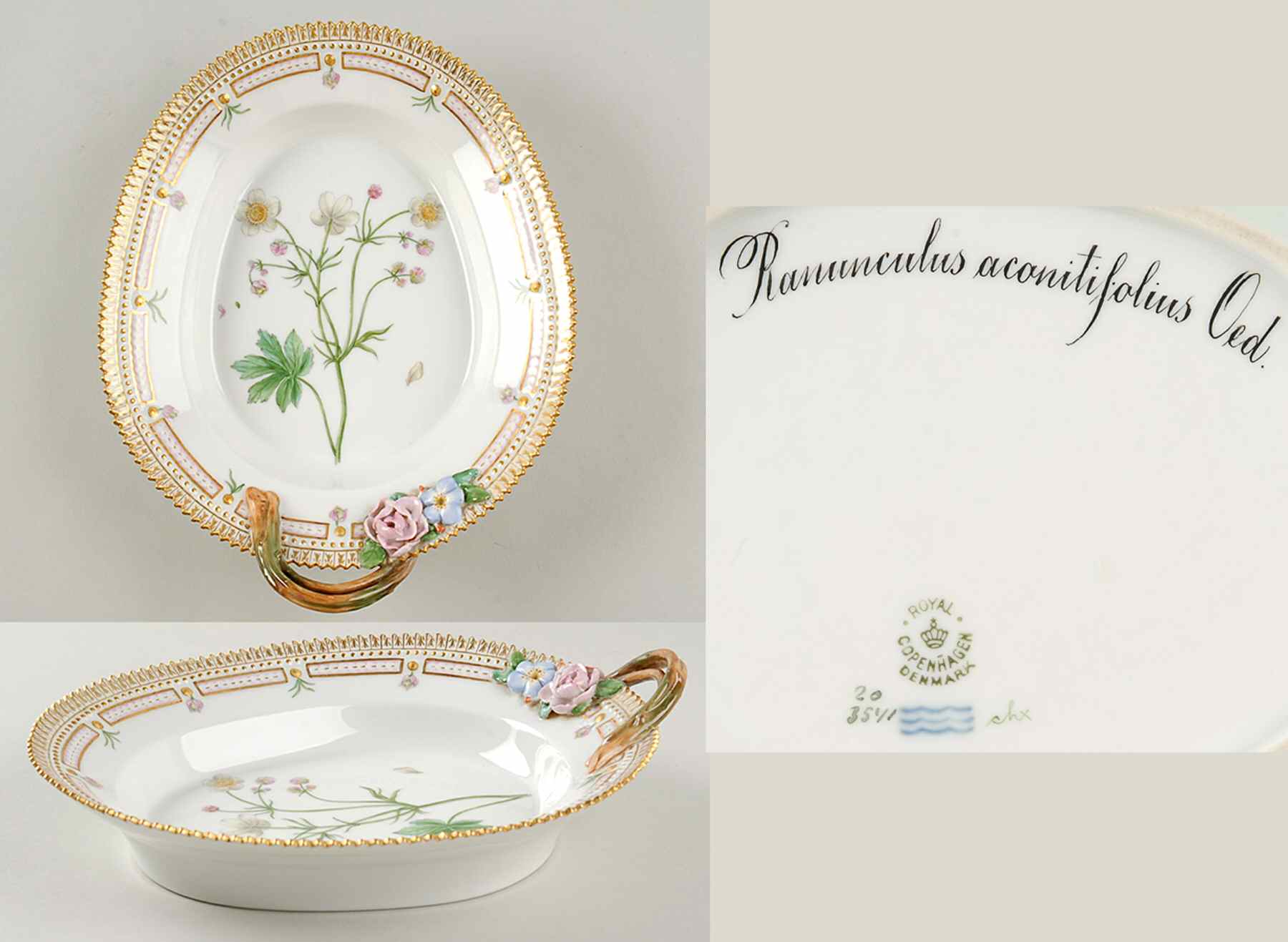 Flora Danica (1790 To 1960) 9" Oval Handled Pickle/Accent-Ranunculus aconitifo by Royal Copenhagen-1