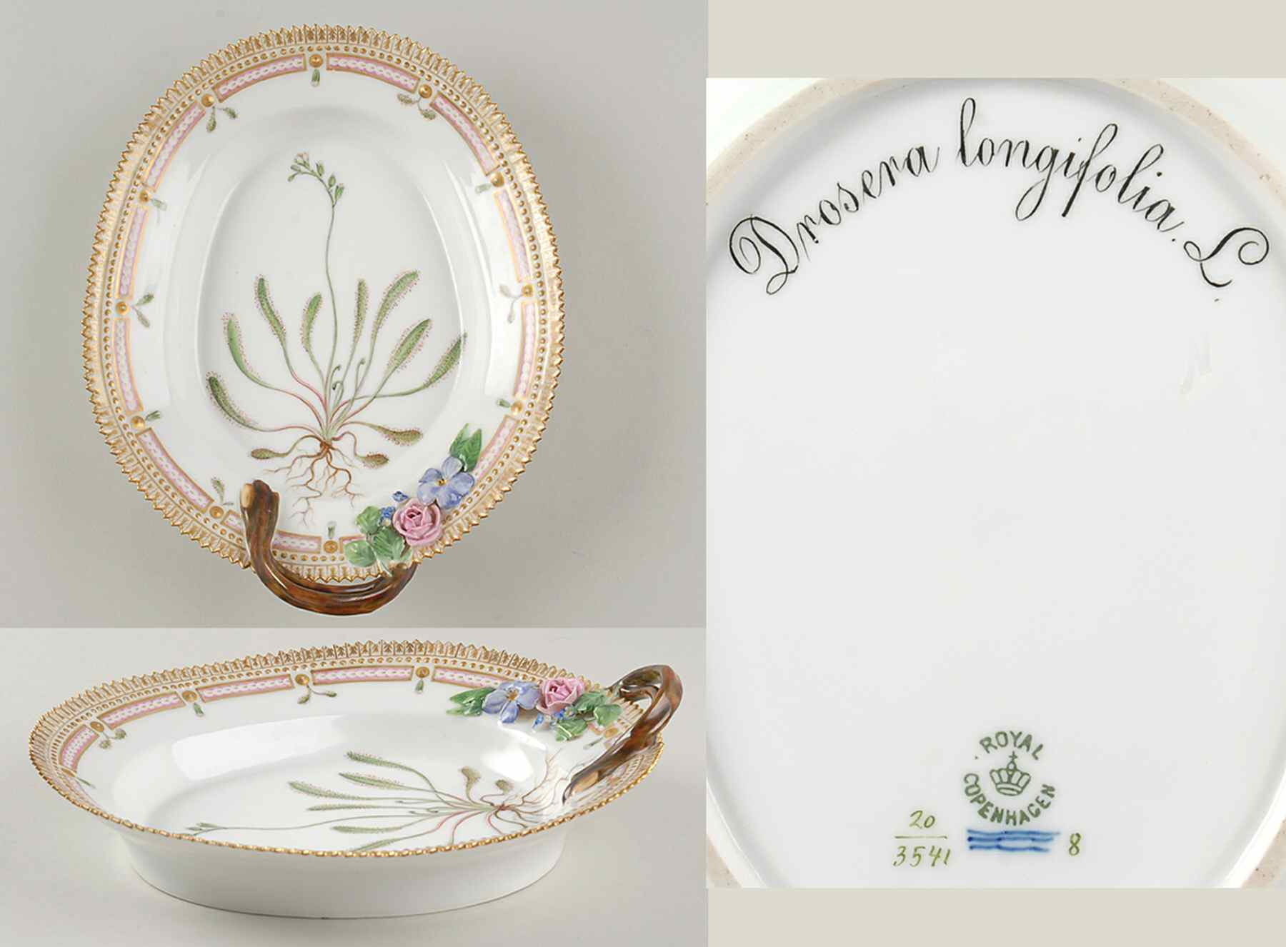 Flora Danica (1790 To 1960) 9" Oval Handled Pickle/Accent-Drosera longifolia L by Royal Copenhagen-1