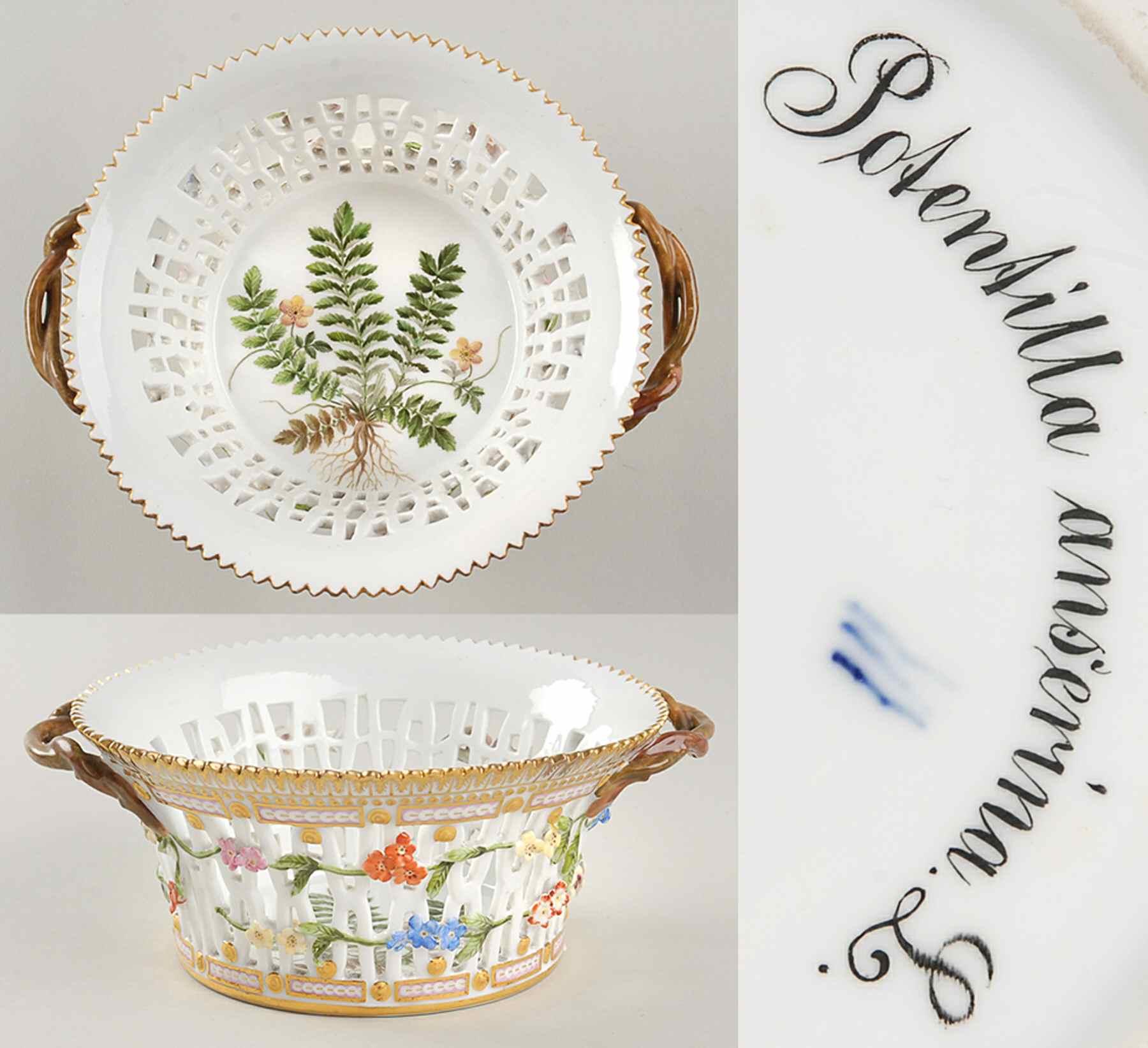 Flora Danica (1790 To 1960) 7" Round Fruit Basket-Potentilla anserina L by Royal Copenhagen-1