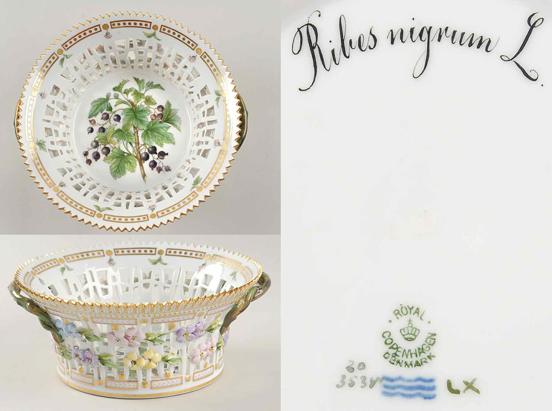 Flora Danica (1790 To 1960) 8" Round Fruit Basket-Ribes nigrum L by Royal Copenhagen-1