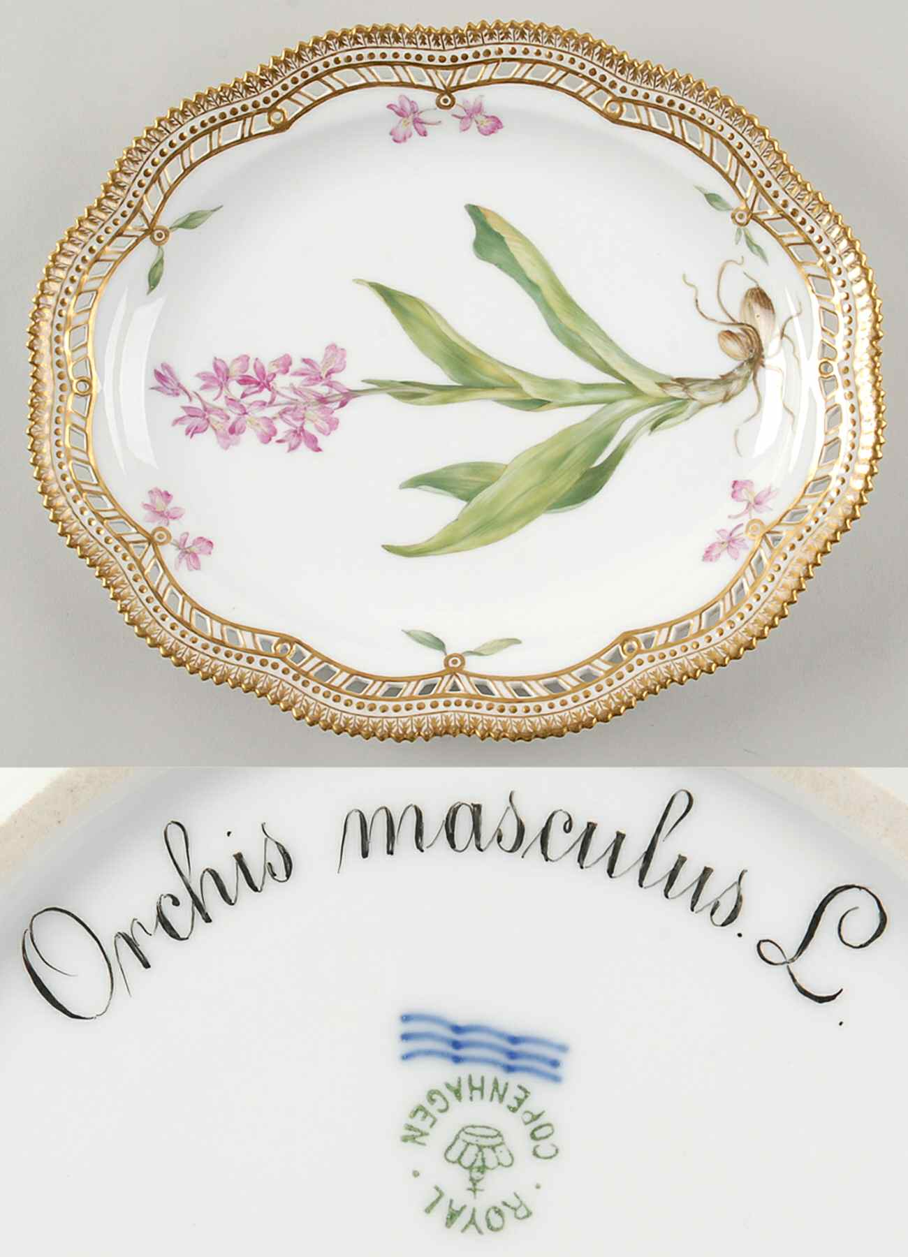 Flora Danica (1790 To 1960) 10" Oval Fruit Stand-Orchis mascula L by Royal Copenhagen-1