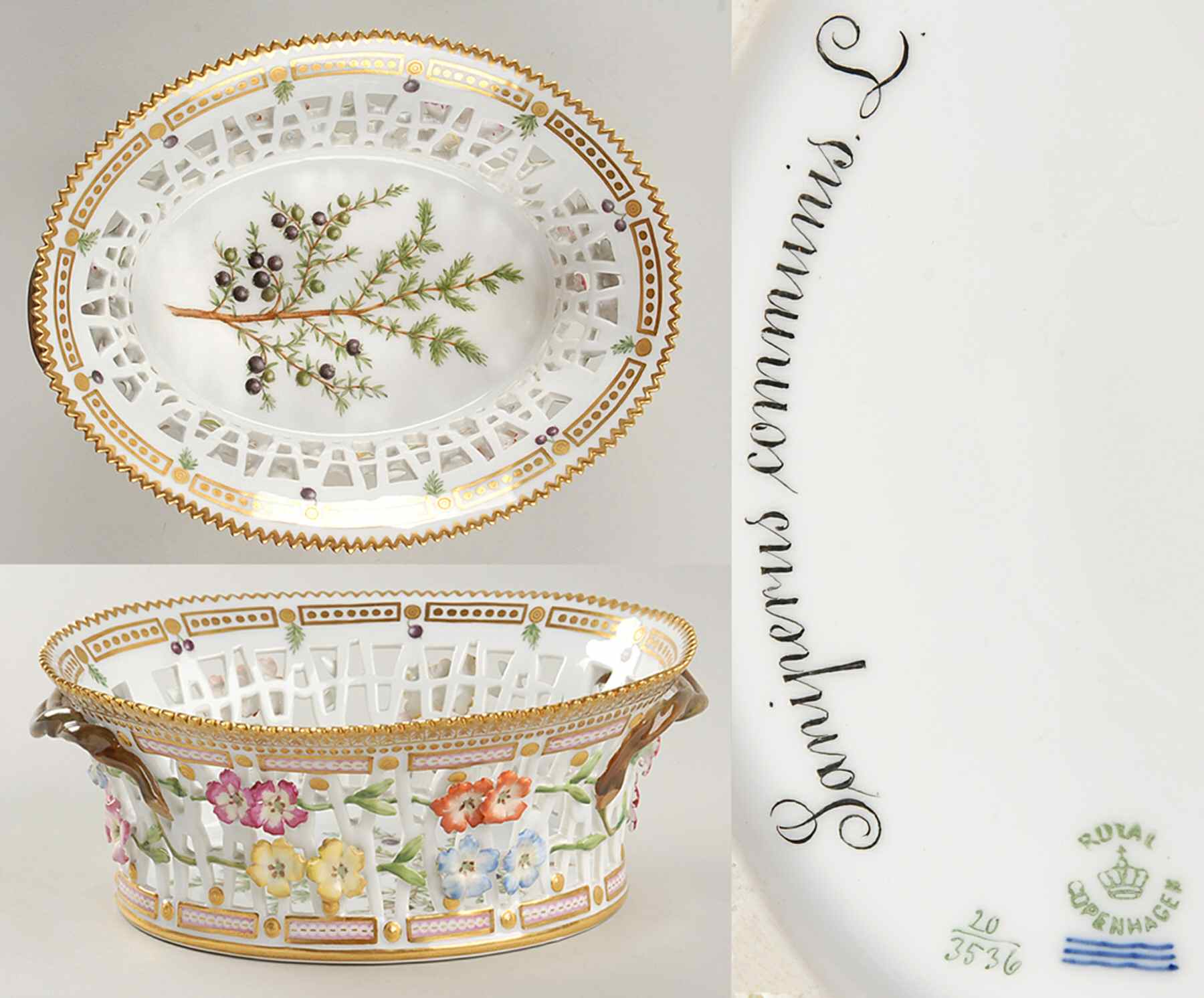 Flora Danica (1790 To 1960) 9" Oval Fruit Basket-Juniperis connunis L by Royal Copenhagen-1