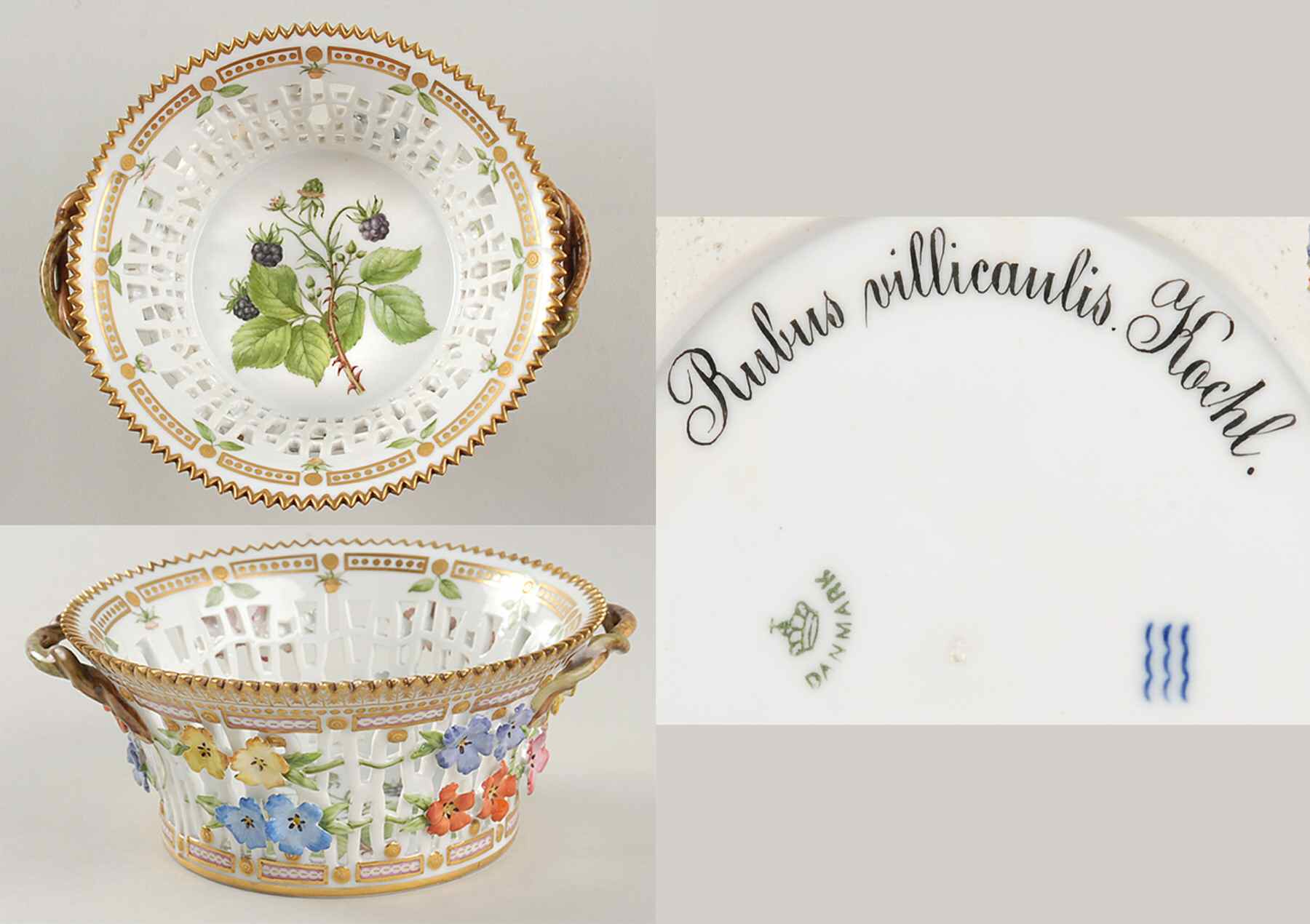 Flora Danica (1790 To 1960) 7" Round Fruit Basket-Rubus villicaulis Kochl by Royal Copenhagen-1