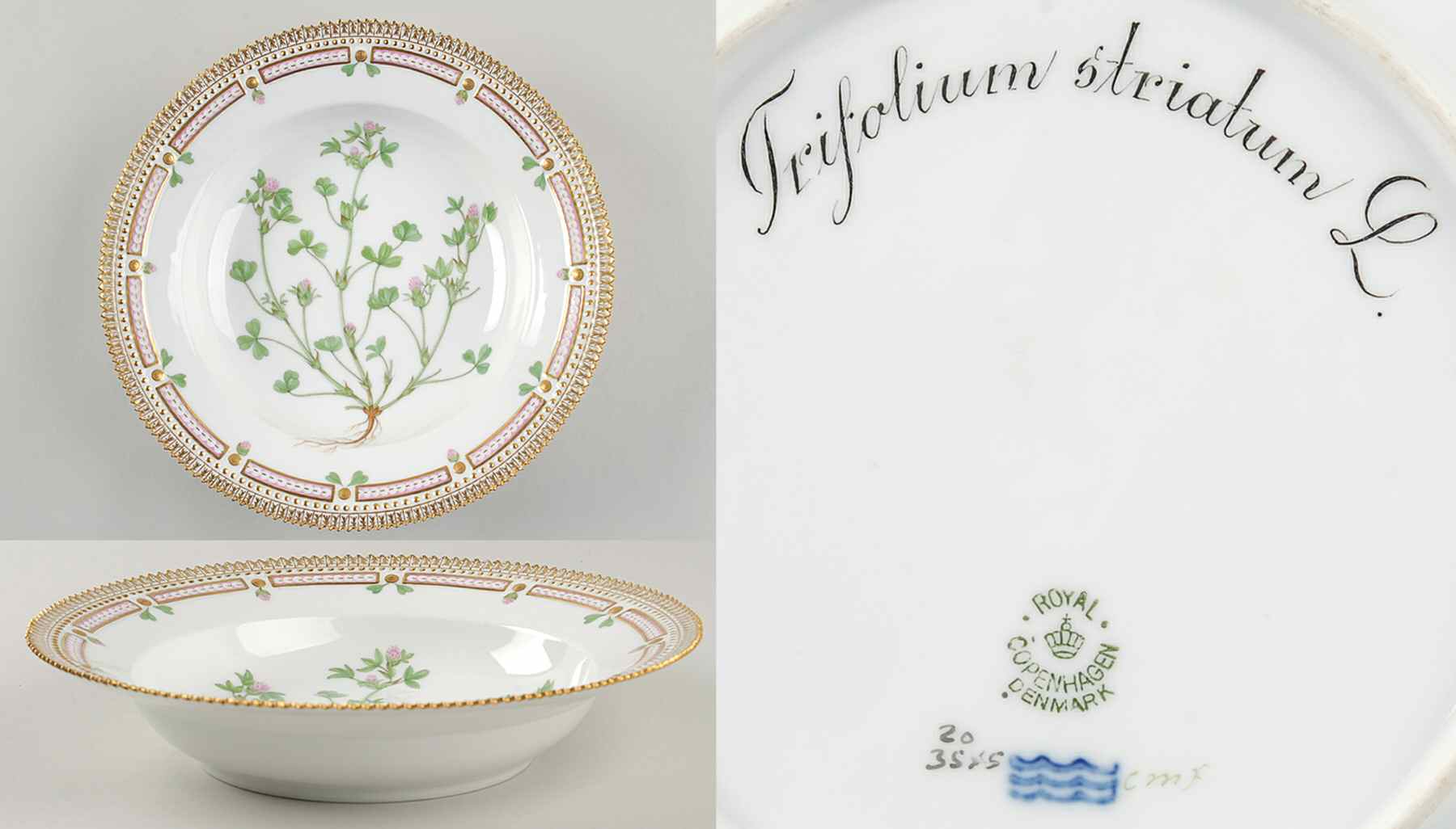 Flora Danica (1790 To 1960) Large Rim Soup Bowl-Trifolium striatum L by Royal Copenhagen-1