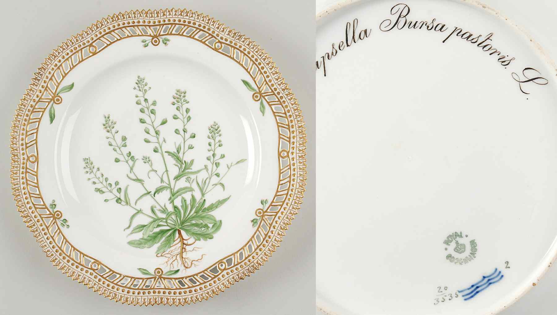 Flora Danica (1790 To 1960) 10" Pierced Dinner Plate/Fruit Std-Capsella Bursa by Royal Copenhagen-1