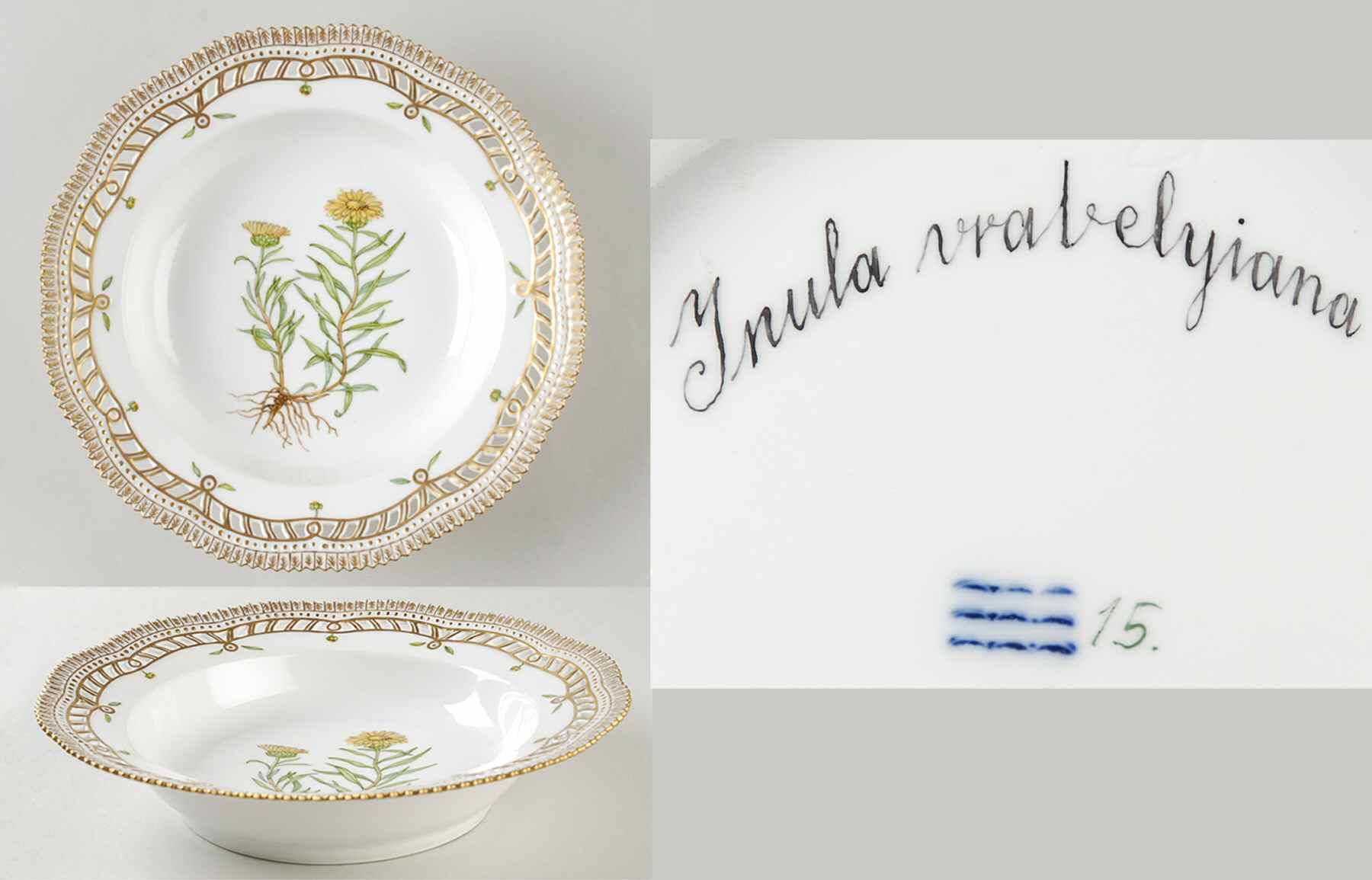 Flora Danica (1790 To 1960) Pierced Large Rim Soup Bowl-Inula vrebelyiana by Royal Copenhagen-1