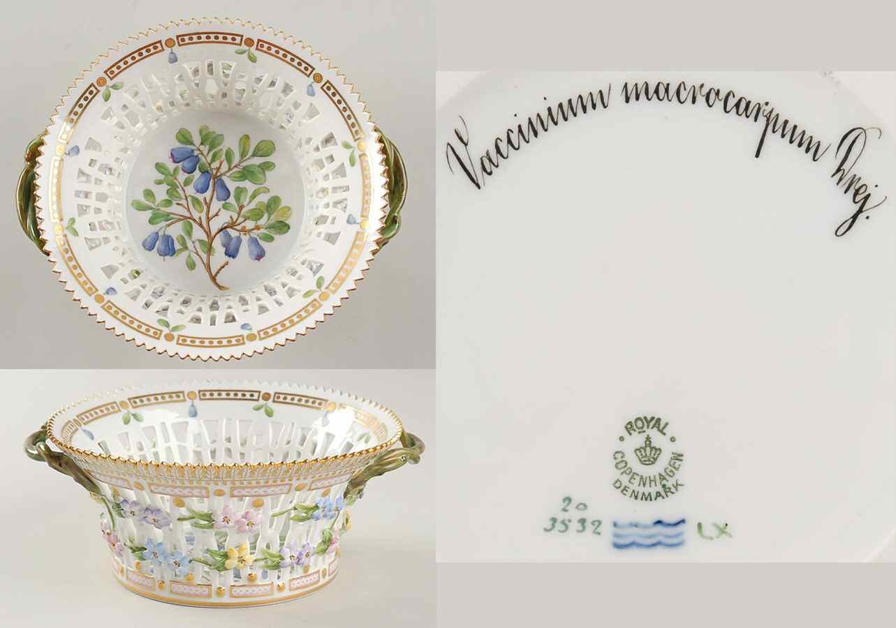 Flora Danica (1790 To 1960) 7" Round Fruit Basket-Vaccinium macrocarpum Drej by Royal Copenhagen-1