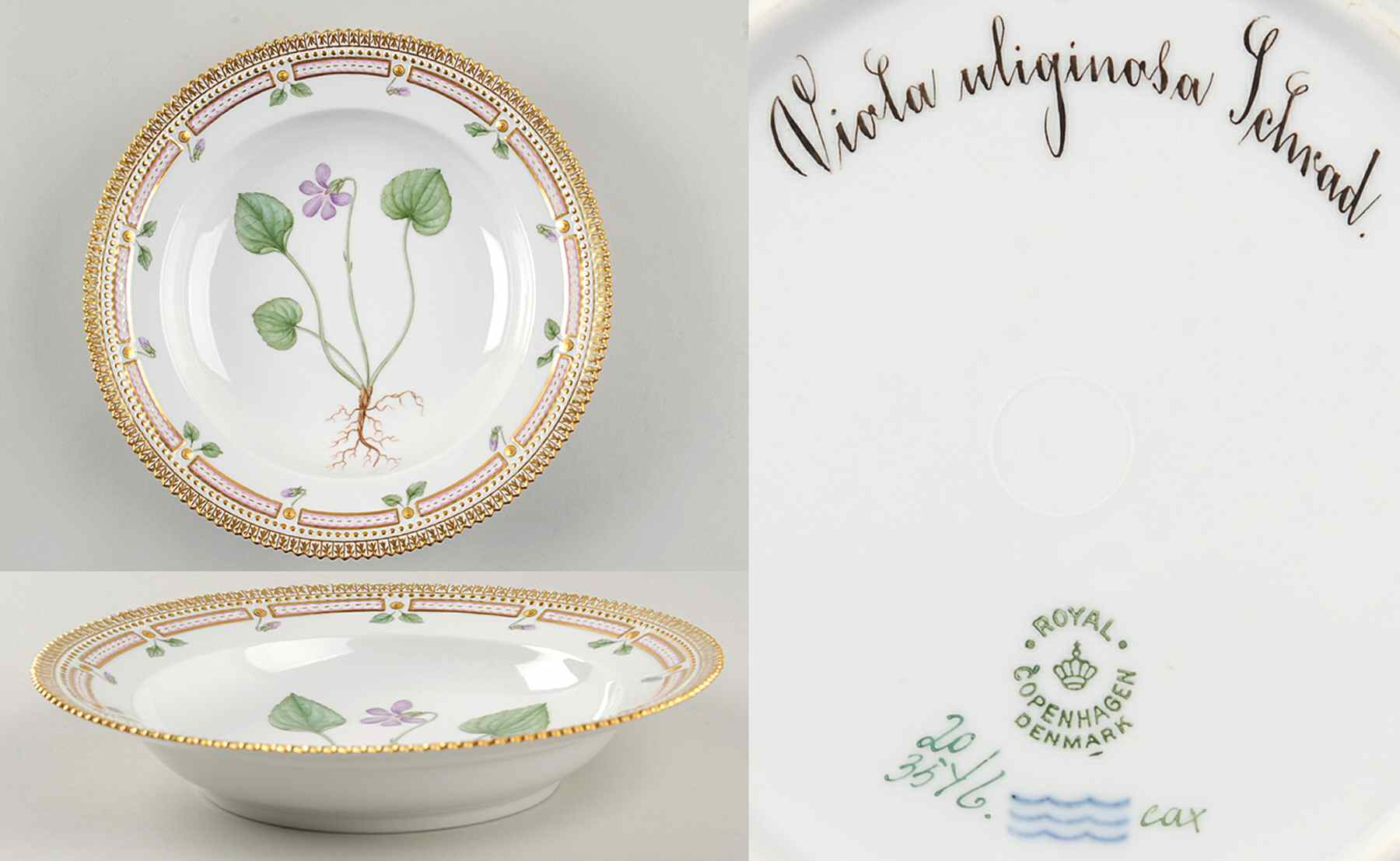 Flora Danica (1790 To 1960) Rim Soup Bowl-Viola Uliginosa Schrad by Royal Copenhagen-1